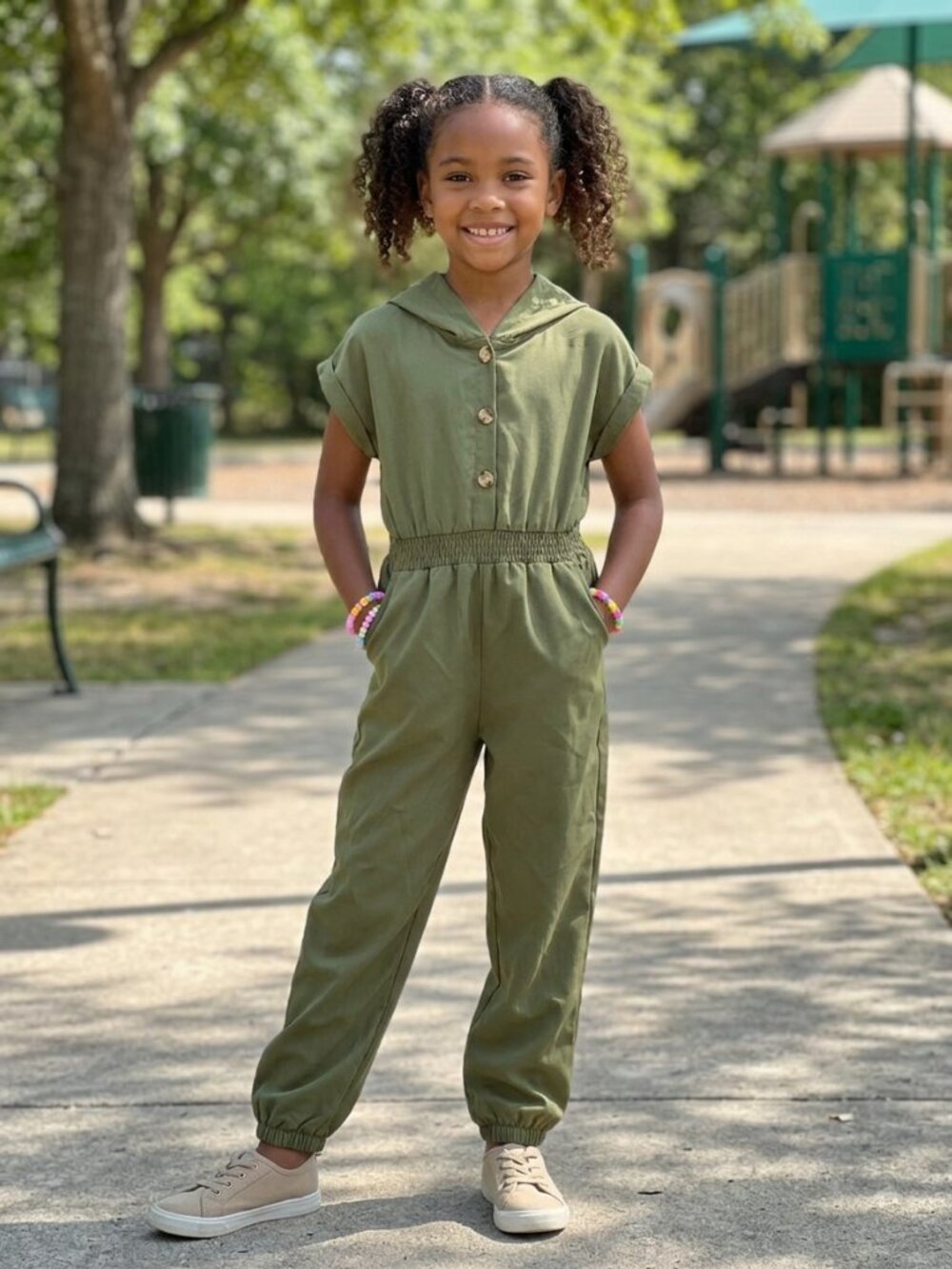SHEIN Olive Hooded Button-Front Jumpsuit kids size 9 to 10 years